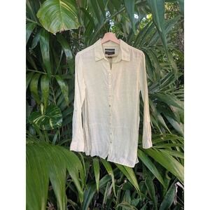 Tahari Linen Tunic sheer dress S butter yellow Roll Tab Sleeve coastal lagenlook